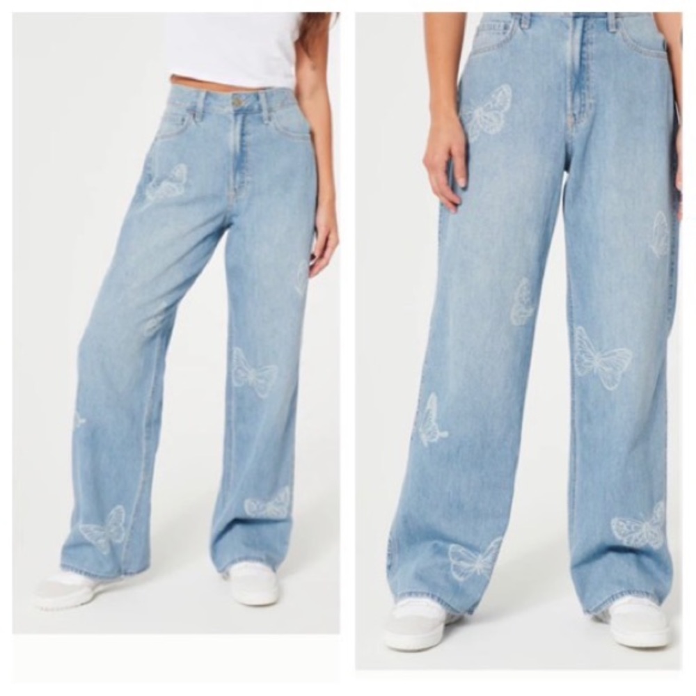 Hollister Ultra High Rise Butterfly Print Baggy Jeans - Picture 1 of 8